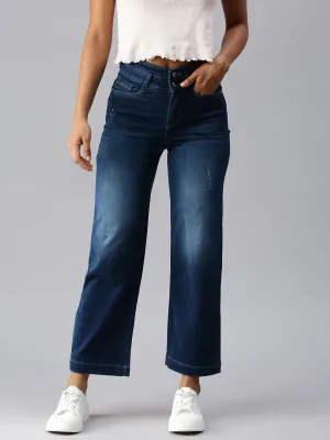 Women's Blue Solid Wide Leg Denim Jeans