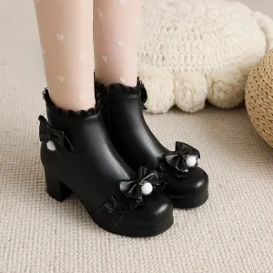 Women's Booties Lolita Lace Bows Block Chunky Heel Platform Short Boots