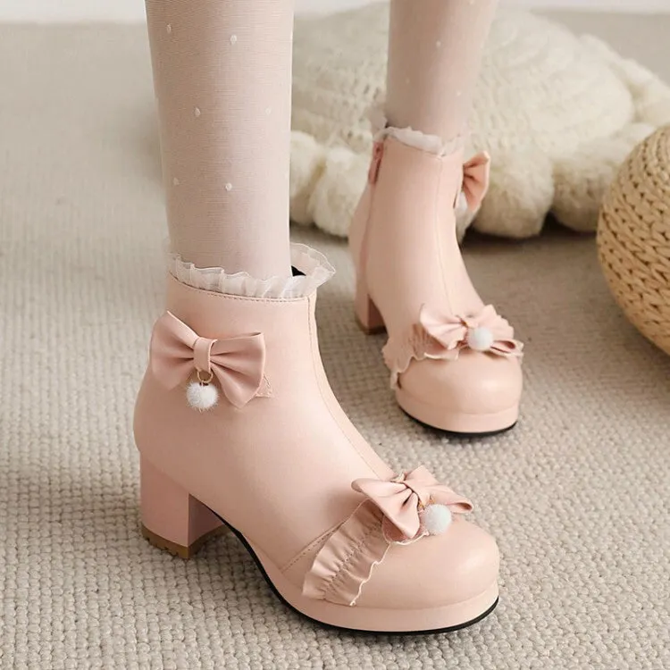 Women's Booties Lolita Lace Bows Block Chunky Heel Platform Short Boots