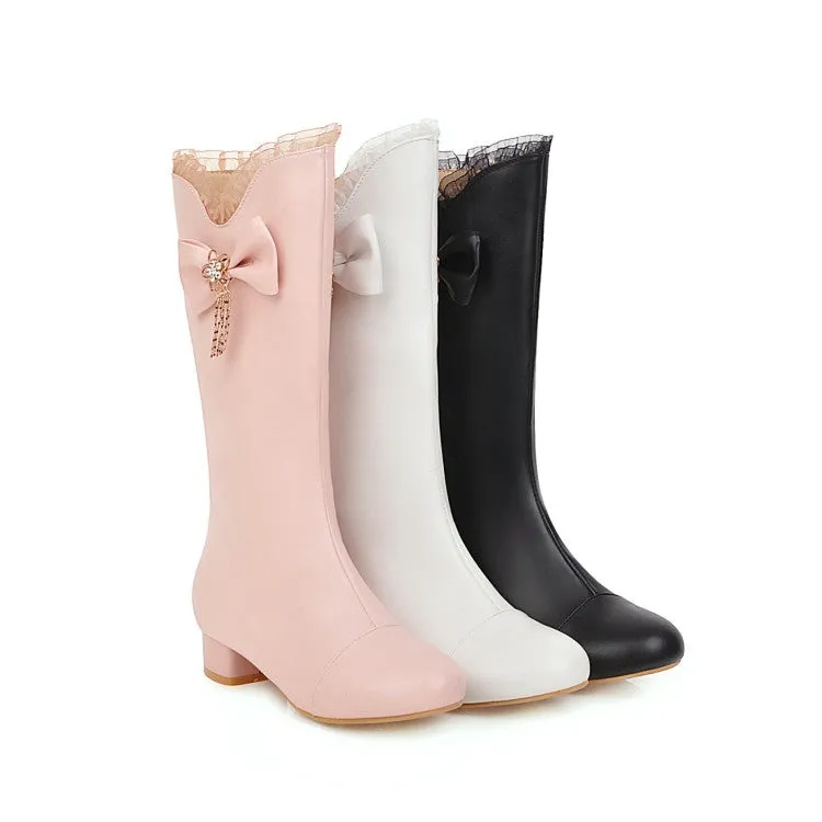 Women's  Bow Lace Low Heel Mid Calf Boots