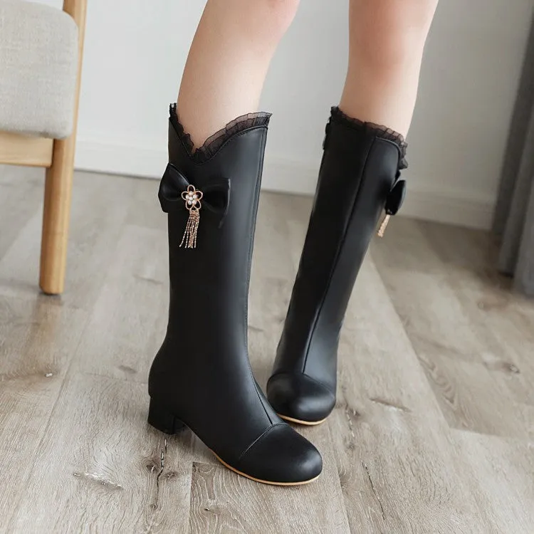 Women's  Bow Lace Low Heel Mid Calf Boots