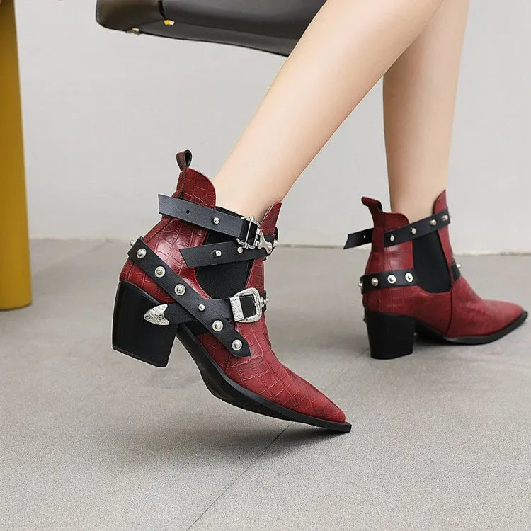 Women's Crocodile Pattern Pointed Toe Buckles Belts Rivets Block Heel Short Boots