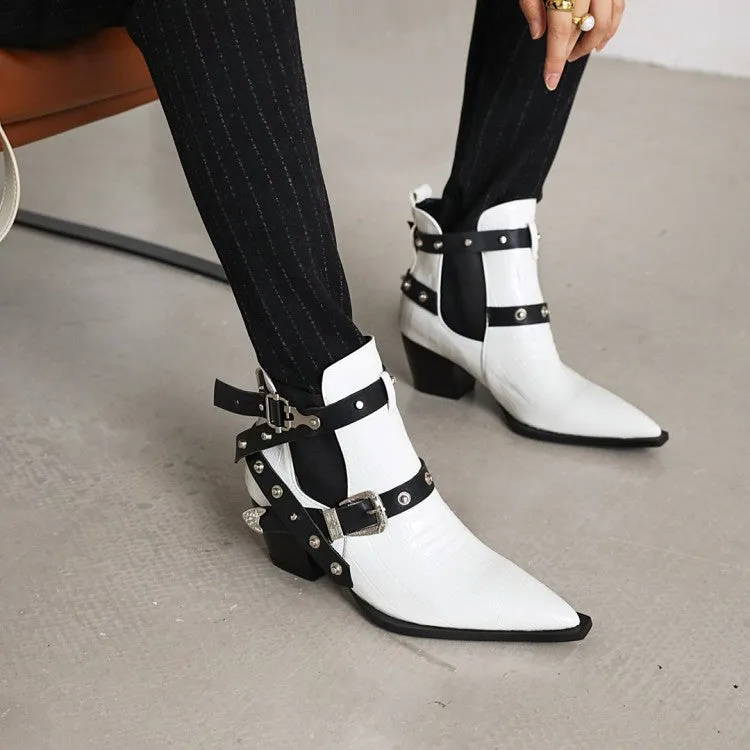 Women's Crocodile Pattern Pointed Toe Buckles Belts Rivets Block Heel Short Boots