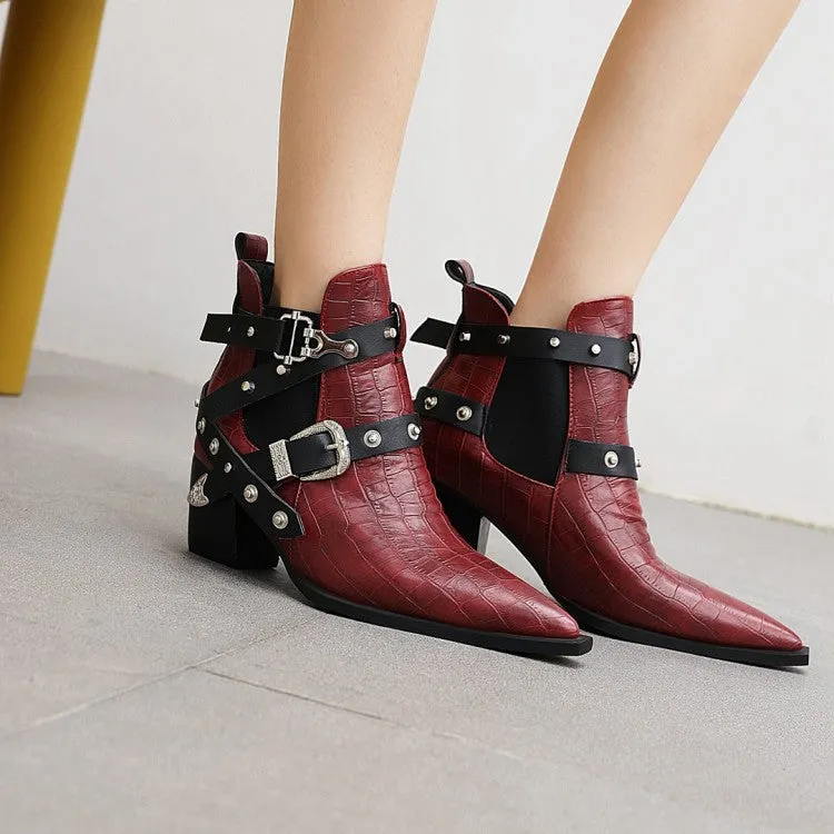 Women's Crocodile Pattern Pointed Toe Buckles Belts Rivets Block Heel Short Boots