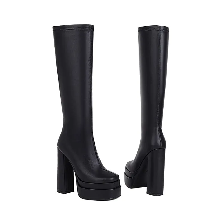 Women's Crocodile Pattern Pu Leather Side Zippers Chunky Heel Platform Knee High Boots