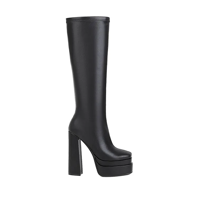 Women's Crocodile Pattern Pu Leather Side Zippers Chunky Heel Platform Knee High Boots