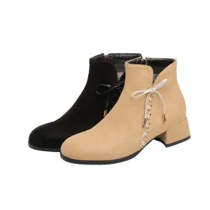 Women's Flock Side Tied Straps Block Heel Short Boots