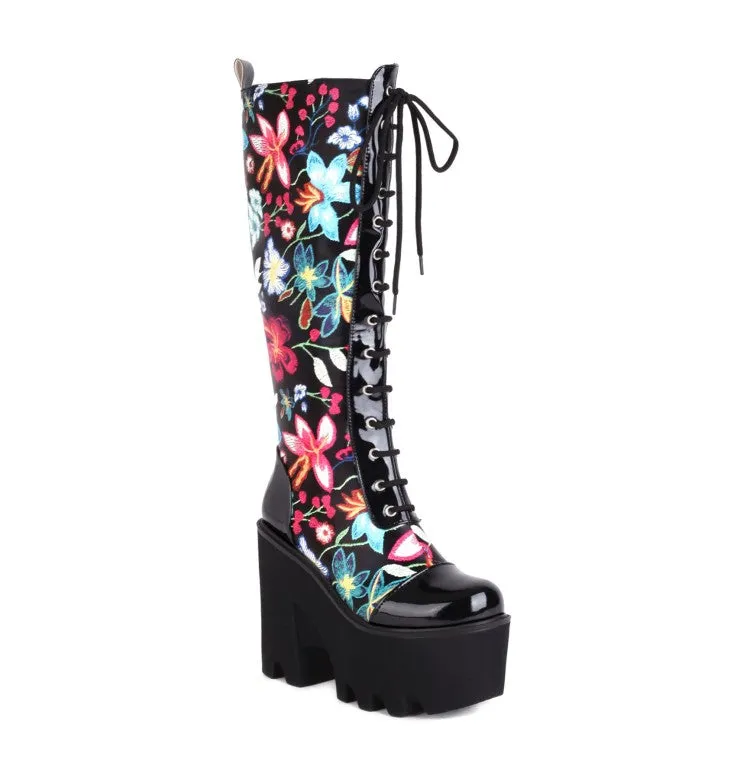 Women's Flora Patchwork Lace Up Chunky Heel Platform Knee High Boots