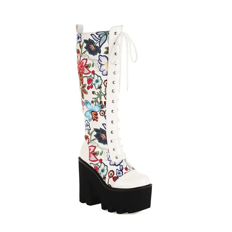 Women's Flora Patchwork Lace Up Chunky Heel Platform Knee High Boots