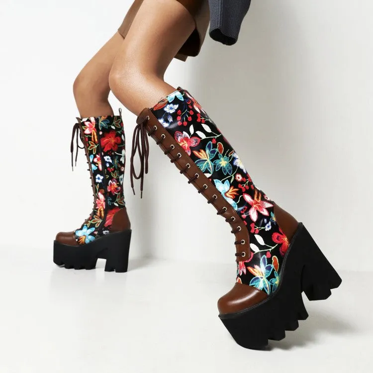 Women's Flora Patchwork Lace Up Chunky Heel Platform Knee High Boots