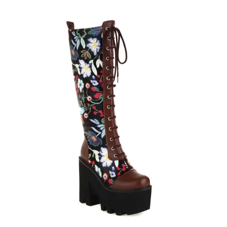 Women's Flora Patchwork Lace Up Chunky Heel Platform Knee High Boots