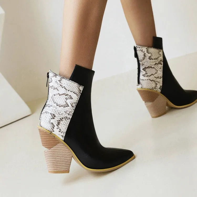 Women's Pu Leather Pointed Toe Block Heel Short Boots