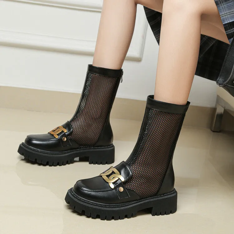 Women's Pu Leather Round Toe Metal Chains Mesh Flat Platform Ankle Boots