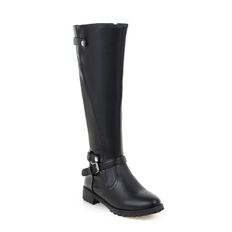 Women's Pu Leather Round Toe Side Zippers Low Heel Knee High Boots